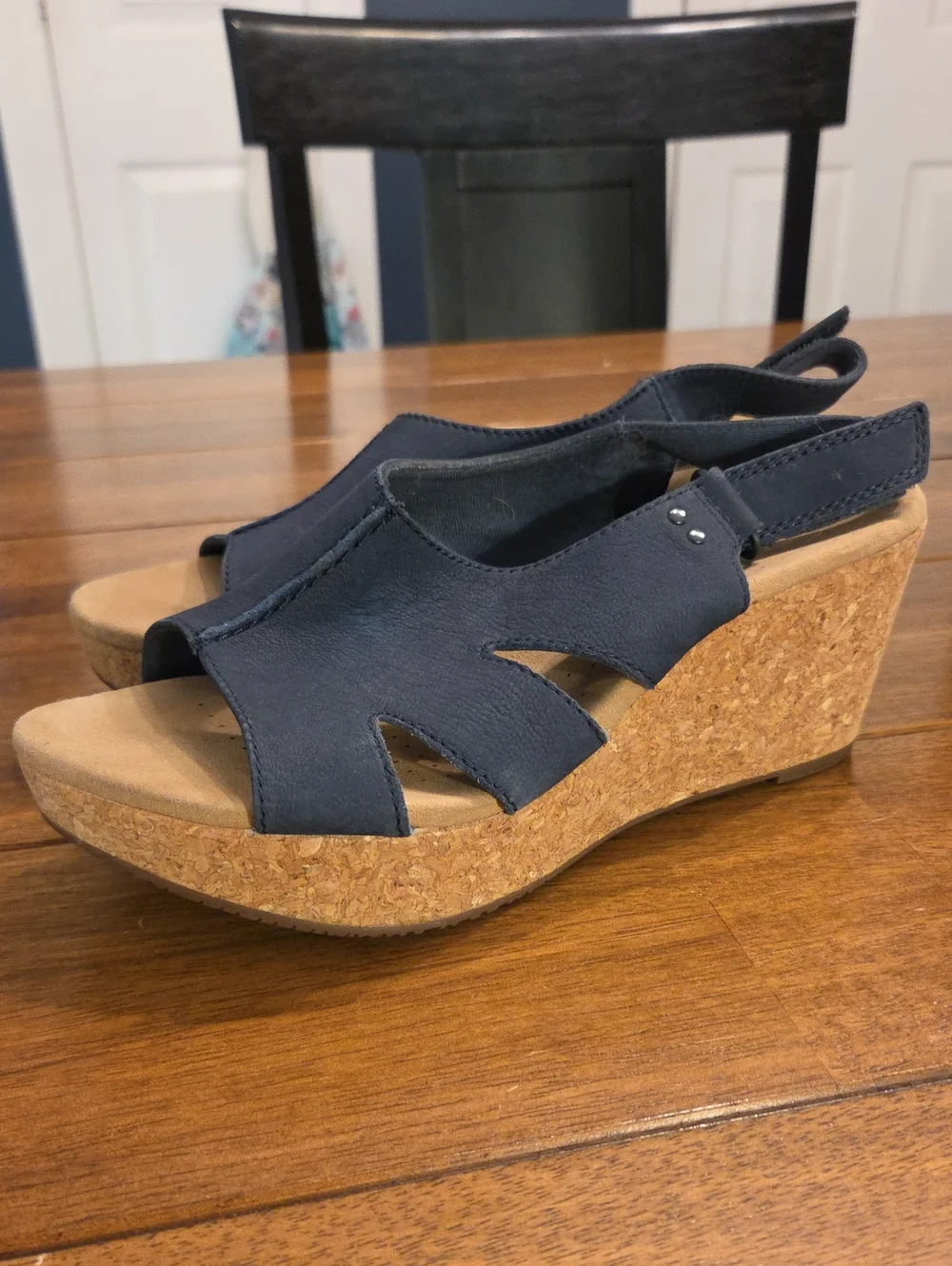 Clarks Navy Leather Cork Wedge Slingback Sandals